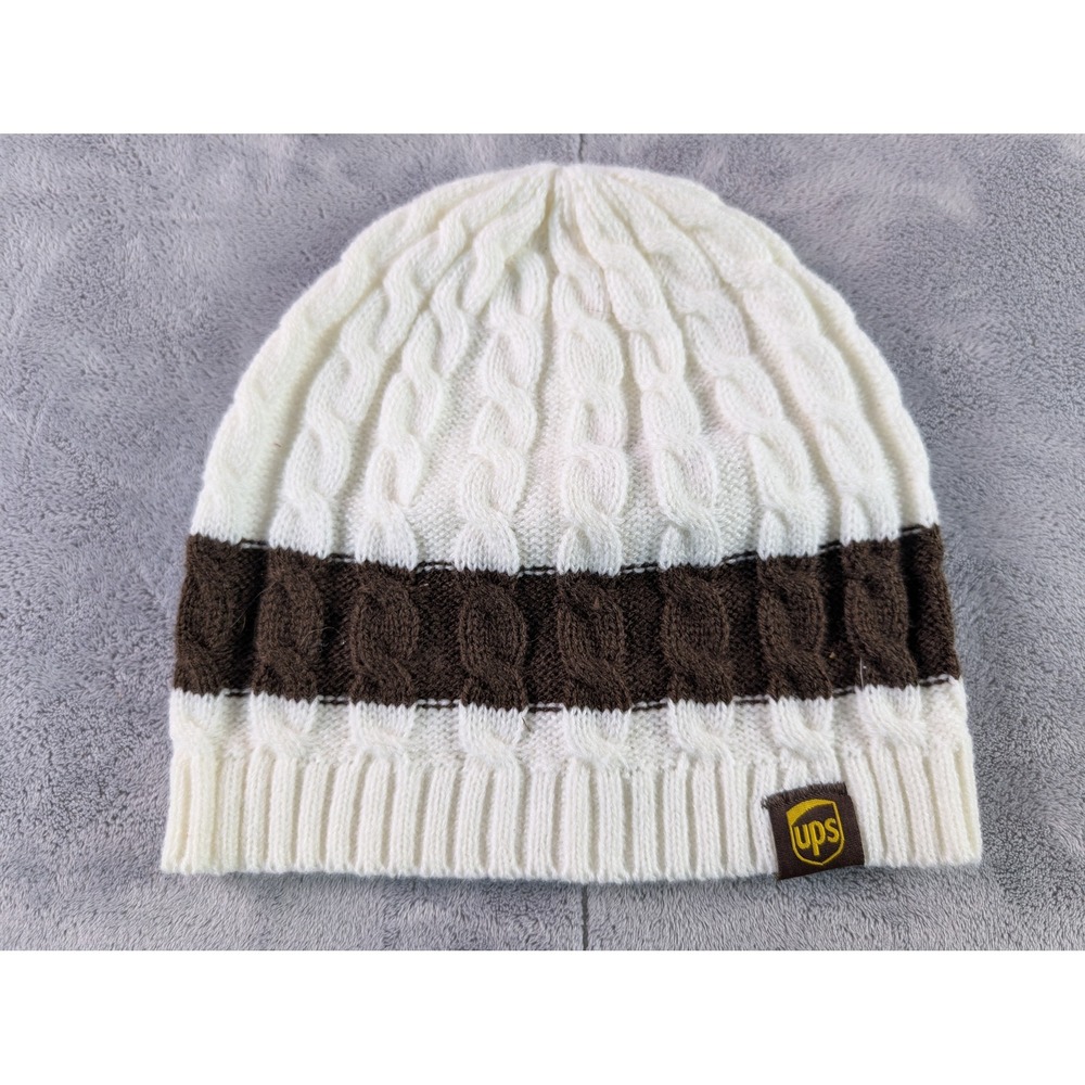 UPS Cable Knit Beanie Hat White Brown Stripe Logo One Size Acrylic